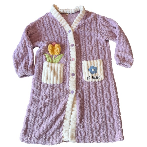Seans Other - Seans Purple‎ Cable Knit Fleece Robe Flower Applique Button Front Housecoat Sz 2